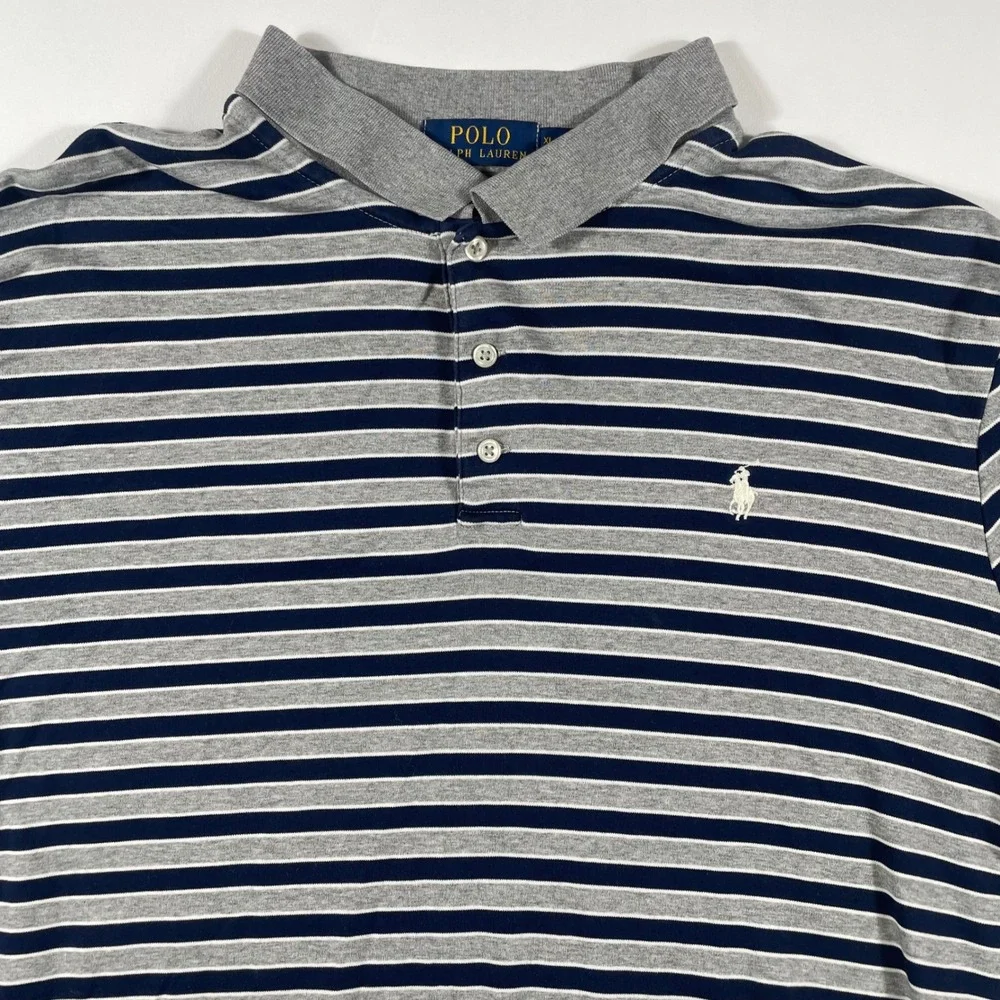 Polo Ralph Lauren Polo Shirt Mens XL Classic Fit Striped Navy Gray Cotton